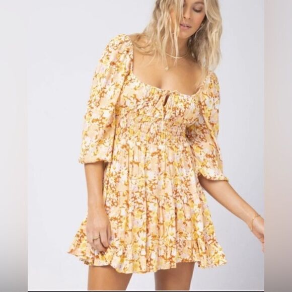 l*space Dresses & Skirts - L Space Cassidy long sleeve floral print peach white long sleeve minidress XS